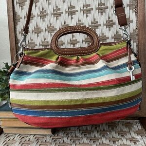 Fossil Striped Canvas Leather Satchel Bag Multicolor Crossbody Key Charm